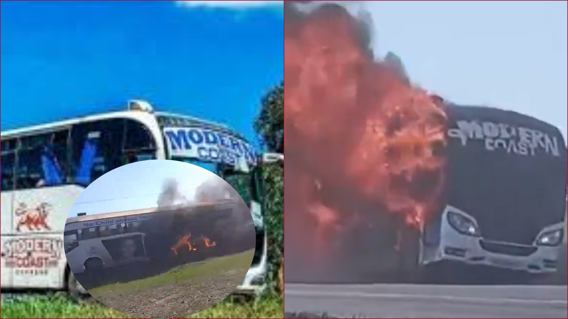 A Modern Coast bus being consumed by fire on the Nairobi-Nakuru Highway.